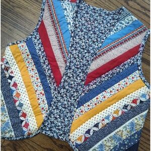 Vtg Multicolor Quilt Sleeveless Vest Grandma Cottagecore Floral Stripe Sz S/M